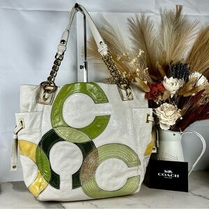 Coach White and Green Graphic Tote Shoulder Large‎ Tote Bag Patent 14516